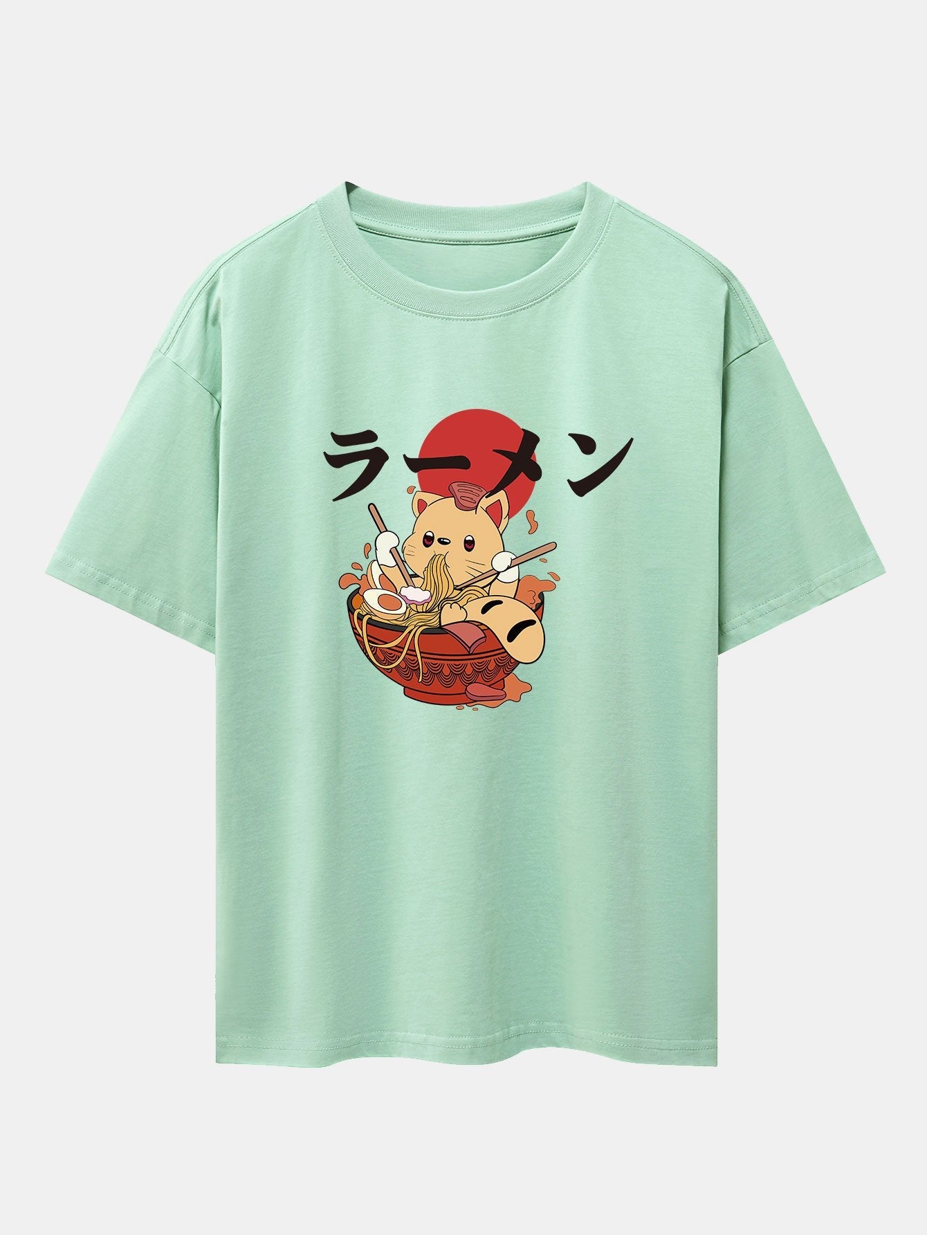 Ramen Cat Print Drop Shoulder Oversize T-Shirt