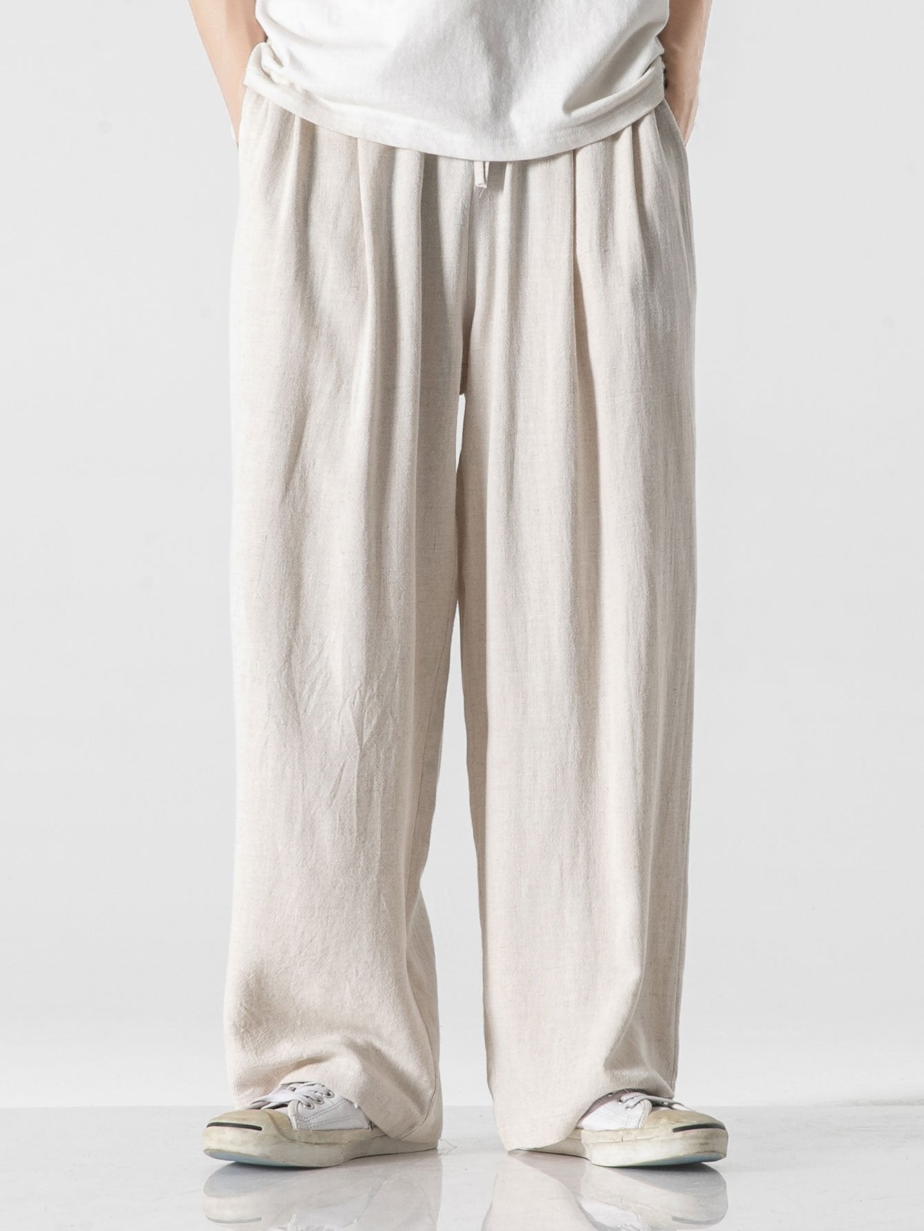 Pantalon large coupe décontractée en mélange de lin et de coton