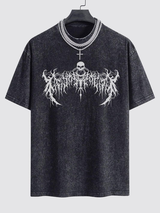 Goth Skull Print Washed Drop Shoulder Oversize T-Shirt