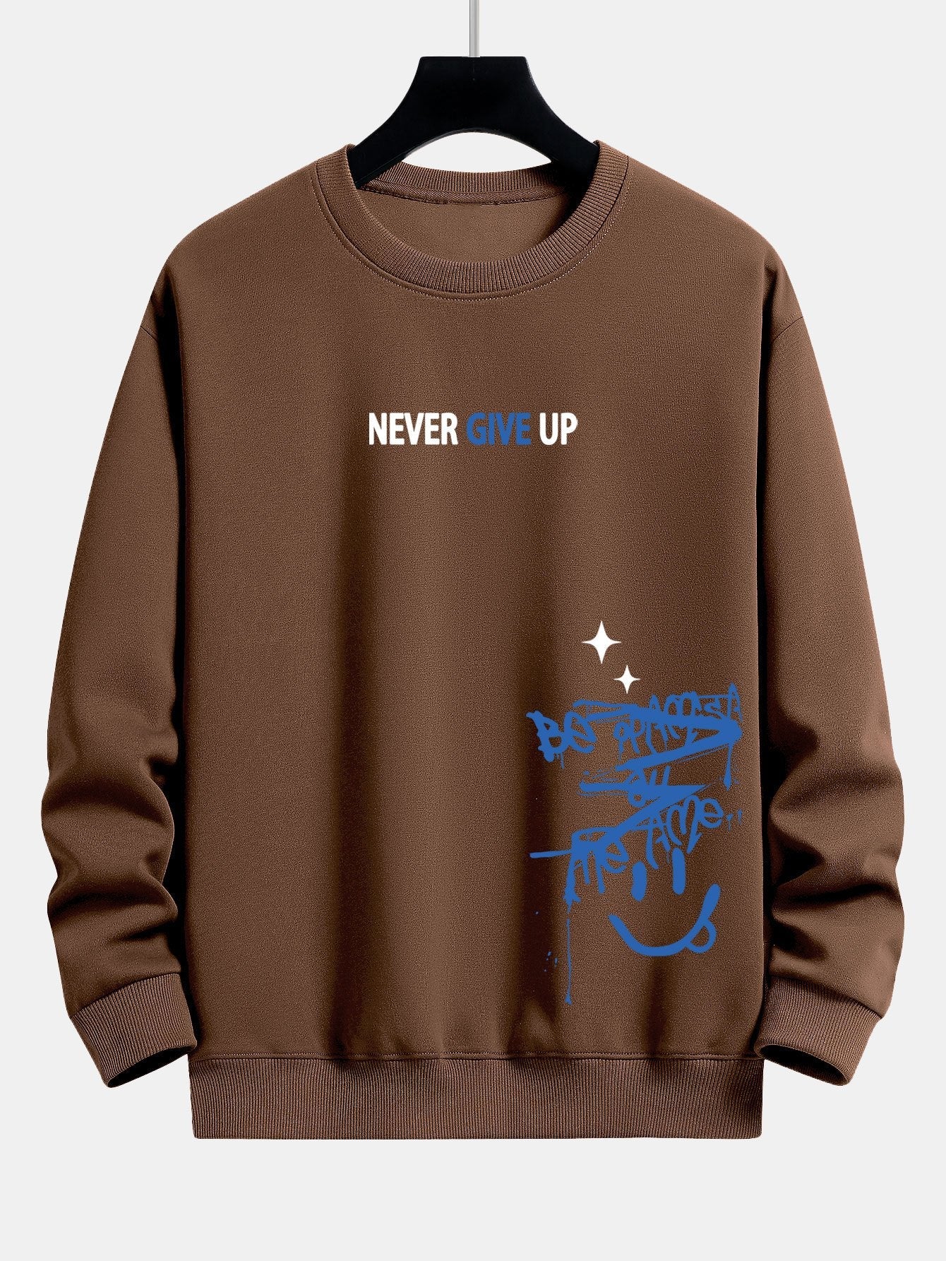 Sweat-shirt coupe décontractée à imprimé visage souriant Never Give Up