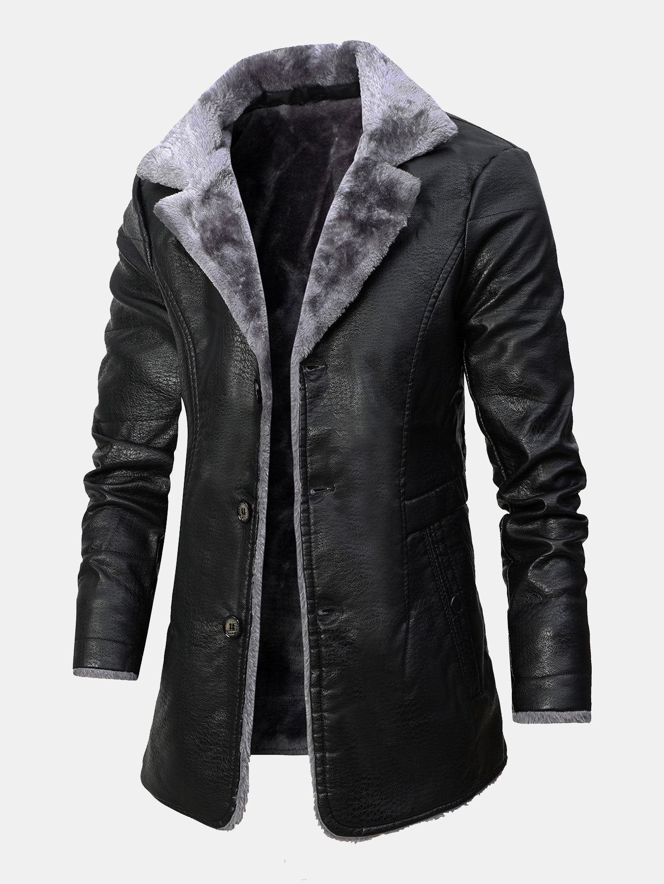 Manteau long en cuir PU doublé de fausse fourrure