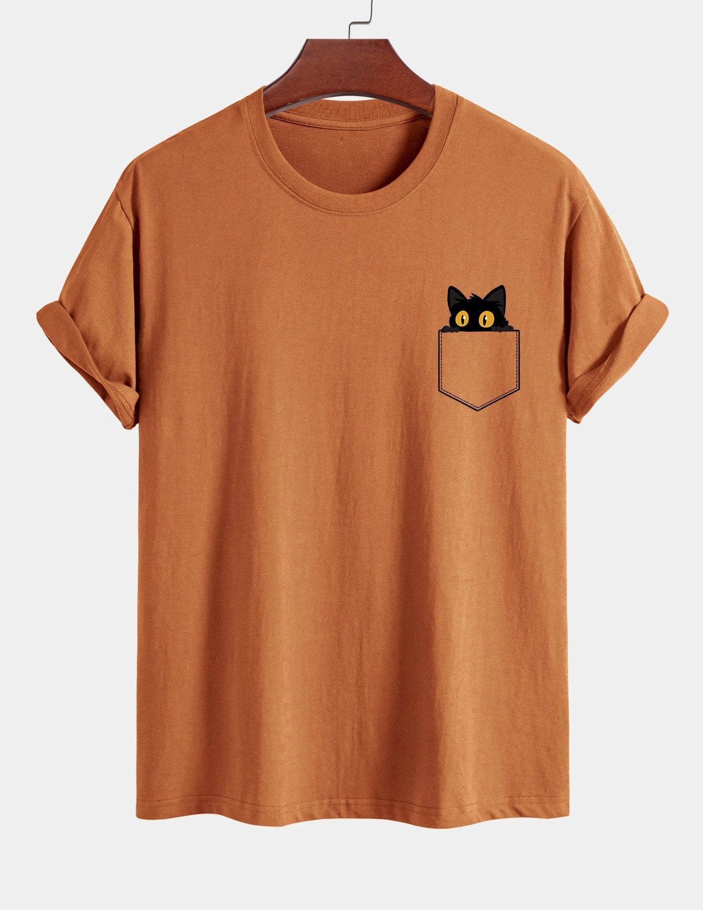 Regular Fit Pocket Black Cat Print Cotton T-Shirt