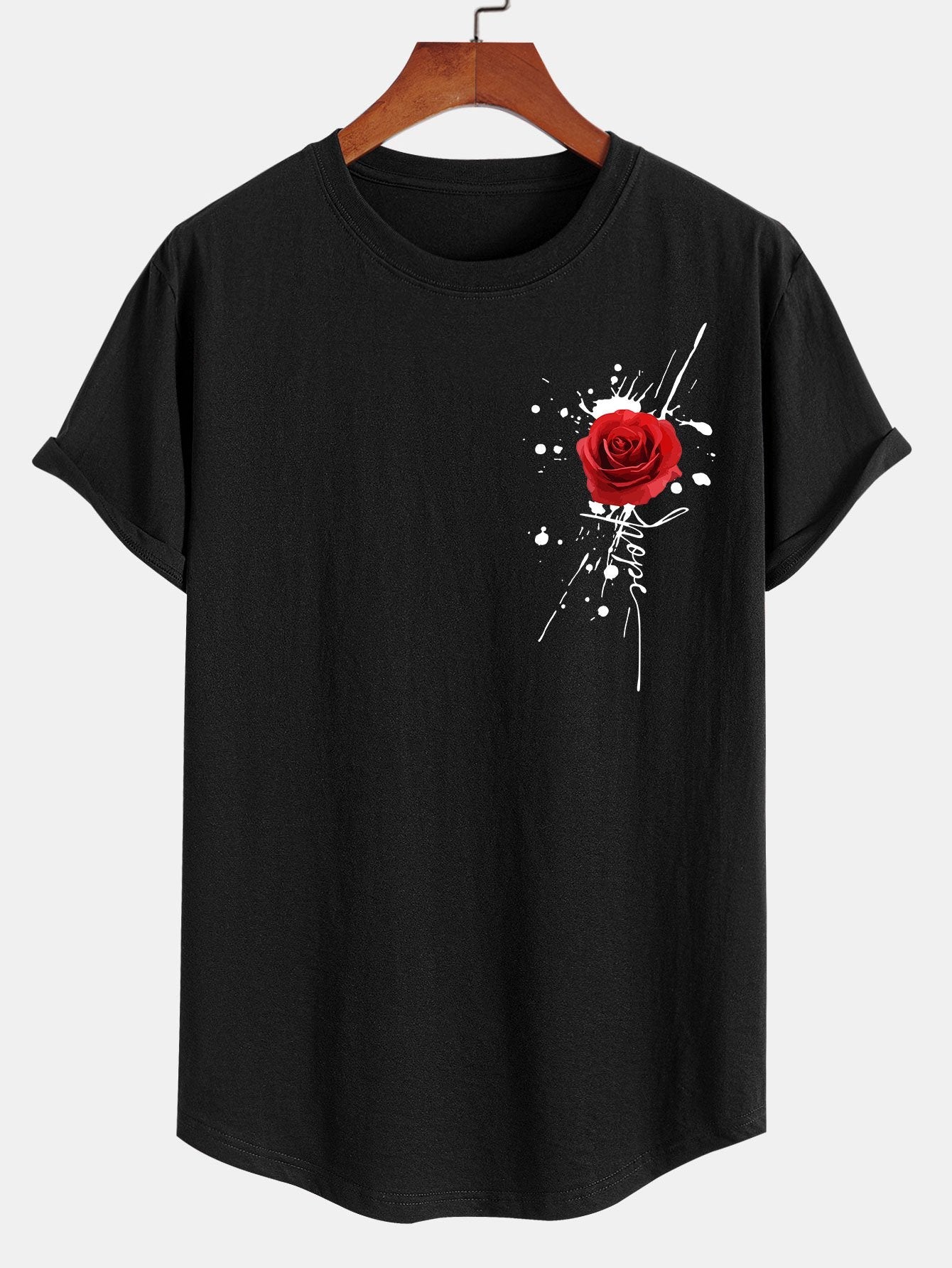 Splash Ink Rose Print Cotton Arc Hem T-Shirt