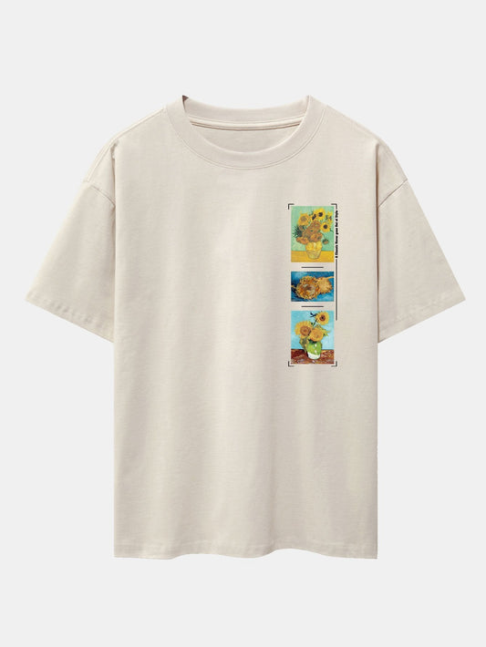 Sunflower Oil Painting Print Drop Shoulder Oversize T-Shirt