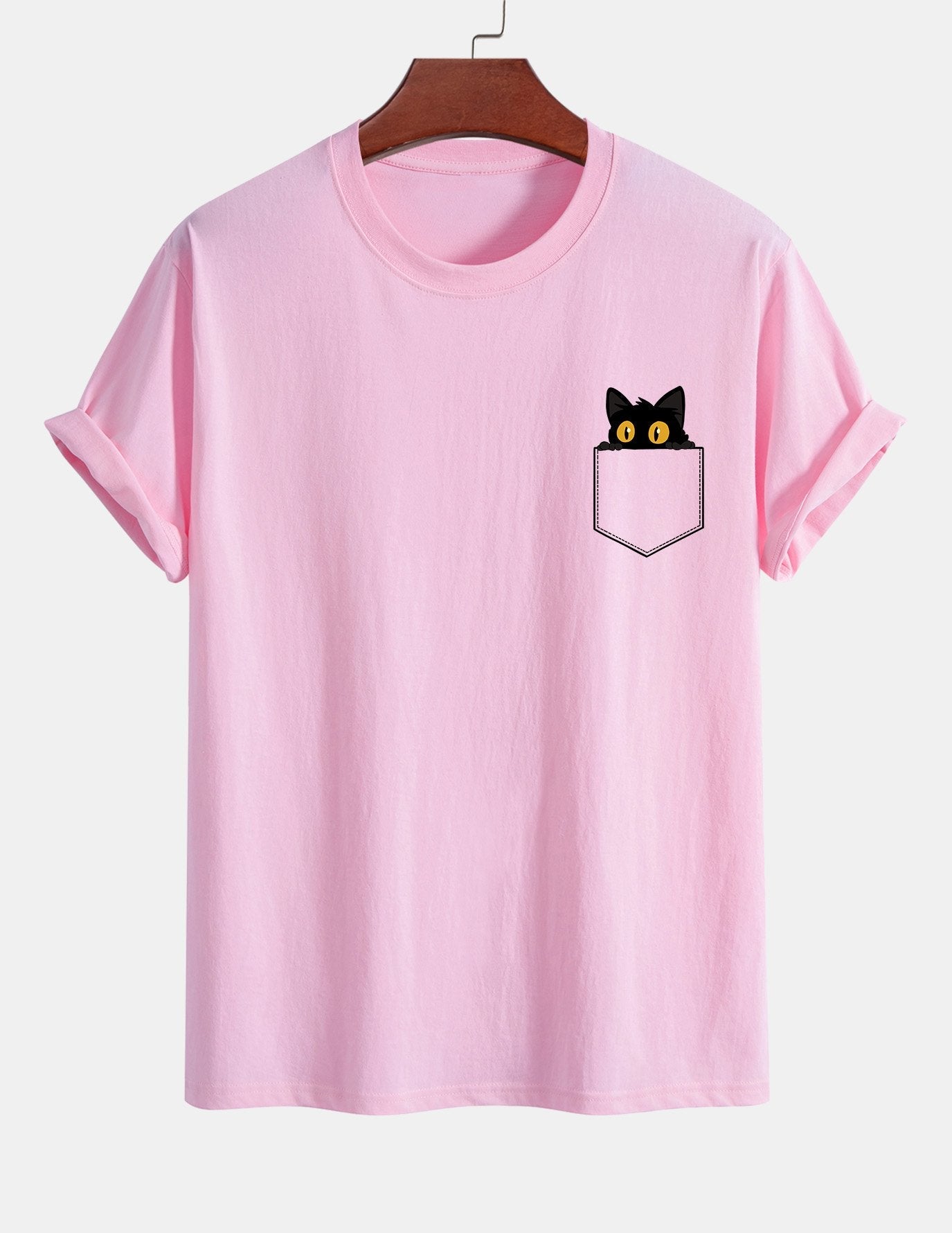 Regular Fit Pocket Black Cat Print Cotton T-Shirt