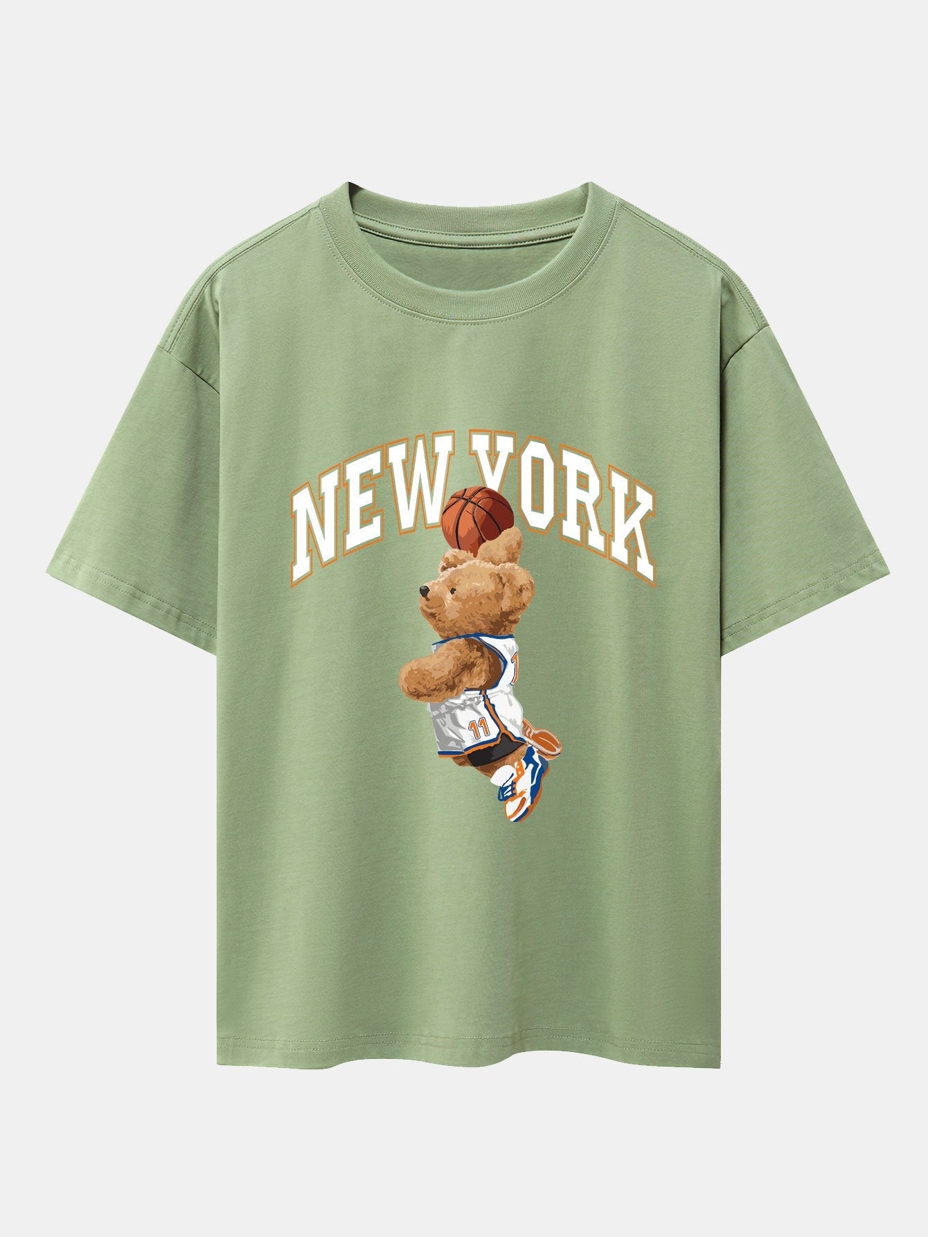 New York Basketball Bear Print Drop Shoulder Oversize T-Shirt