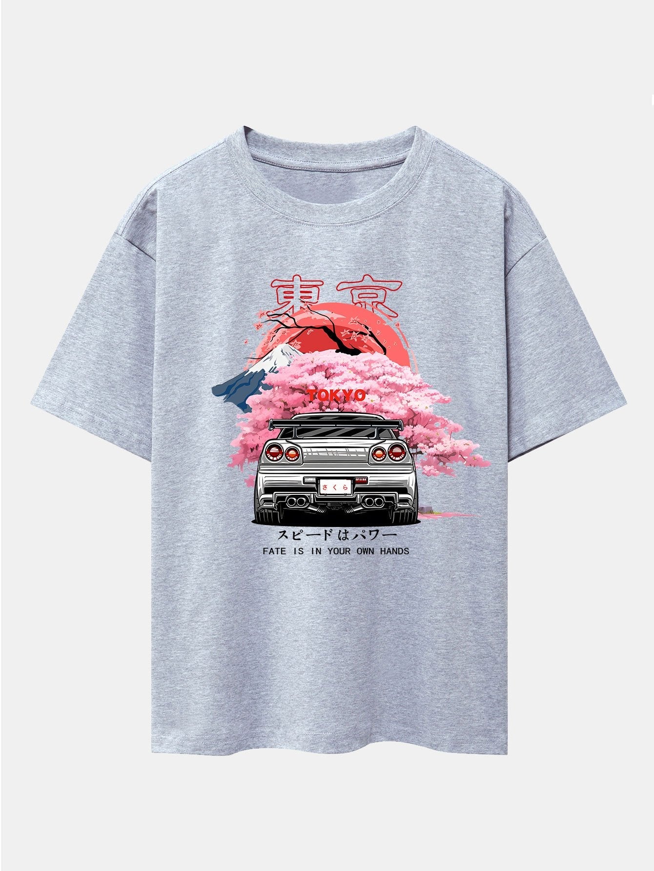 Tokyo Cherry Blossoms Car Print Drop Shoulder Oversize T-Shirt