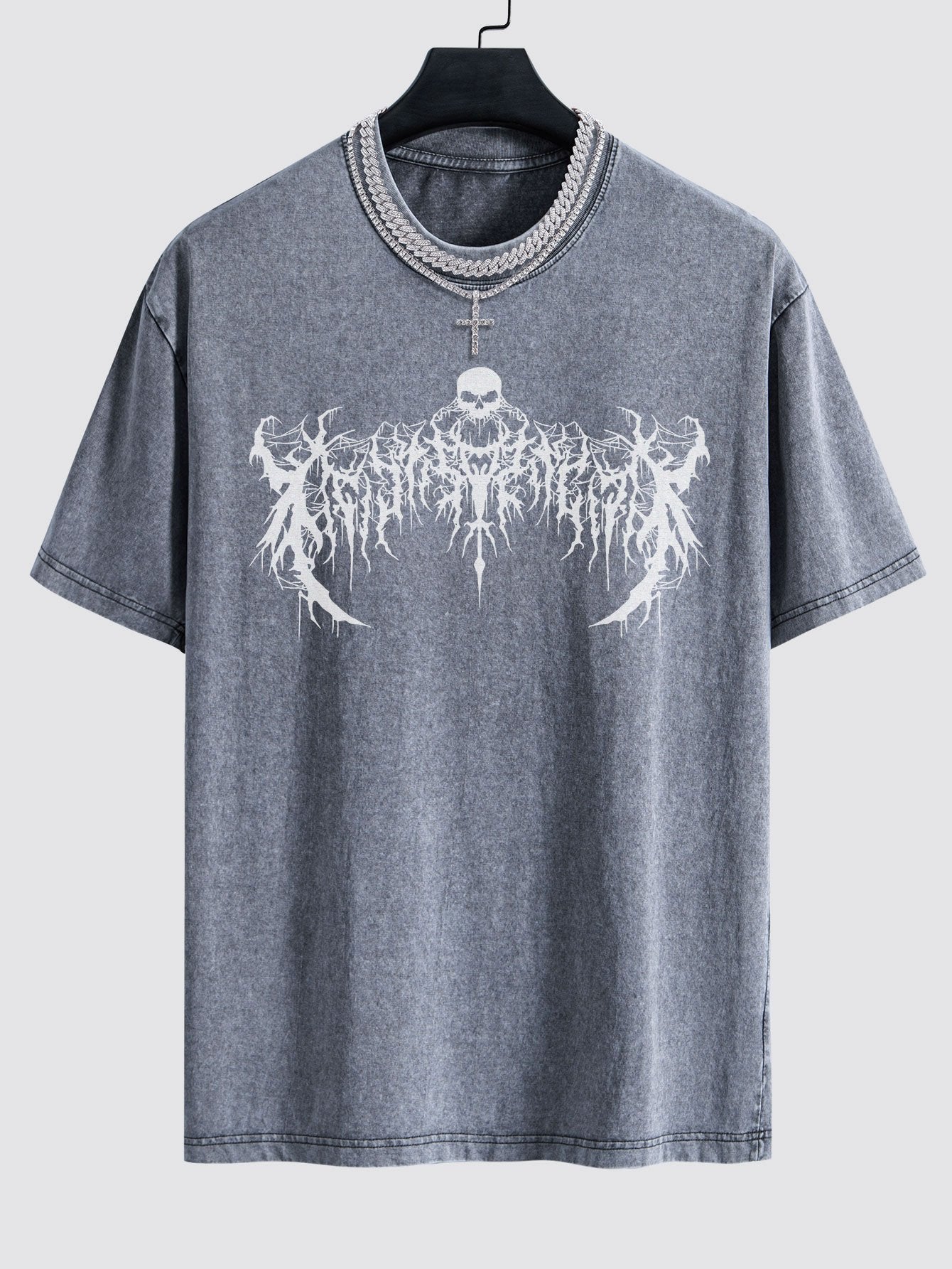 Goth Skull Print Washed Drop Shoulder Oversize T-Shirt