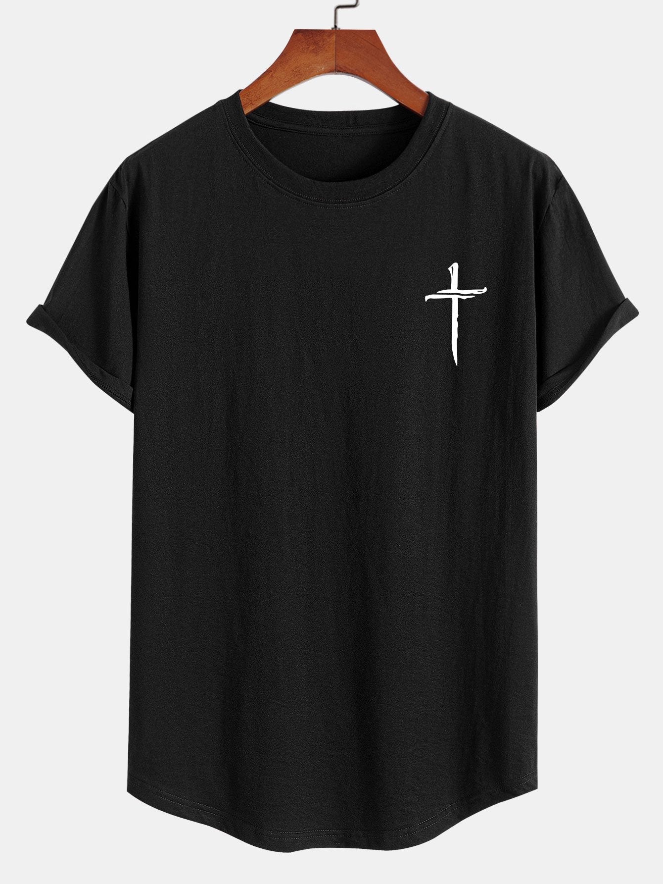 Cross Print Cotton Arc Hem T-Shirt