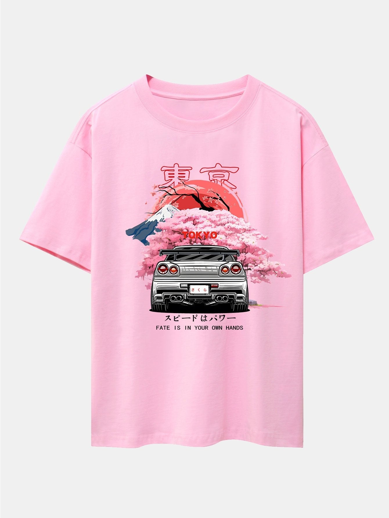 Tokyo Cherry Blossoms Car Print Drop Shoulder Oversize T-Shirt