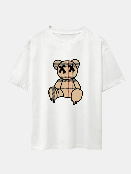 Plaid Pattern Dissolving Bear Print Heavy Weight Drop Shoulder Oversize T-Shirt