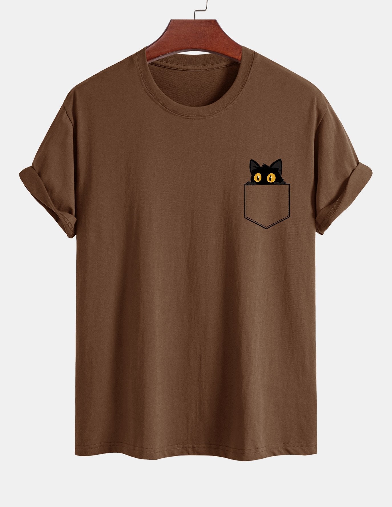 Regular Fit Pocket Black Cat Print Cotton T-Shirt