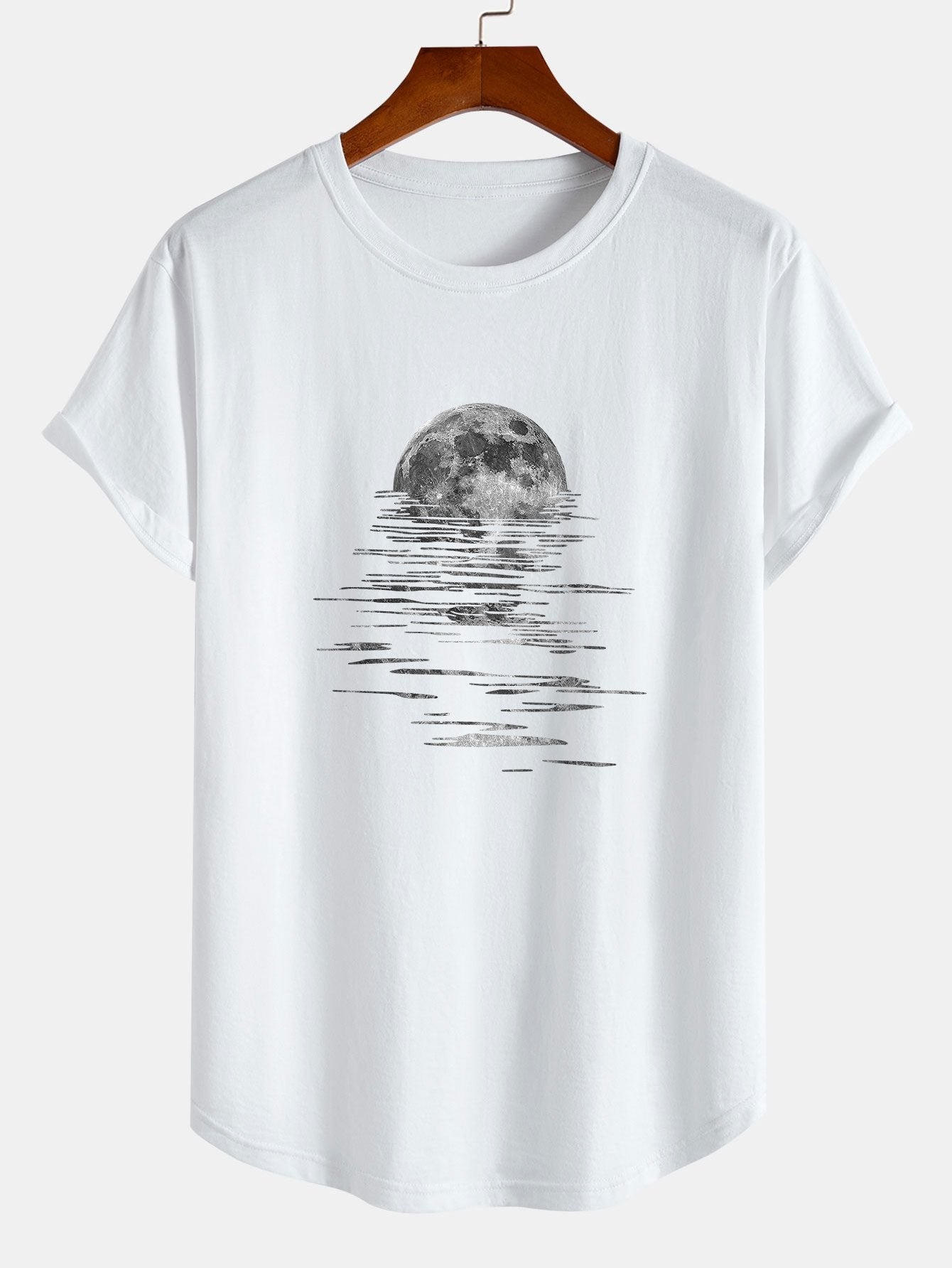 Moon On The Water Print Cotton Arc Hem T-Shirt