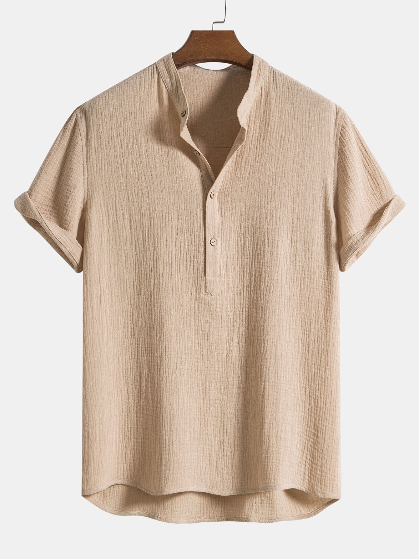 Chemise à col Henley en coton froissé avec patte de boutonnage semi-ouverte