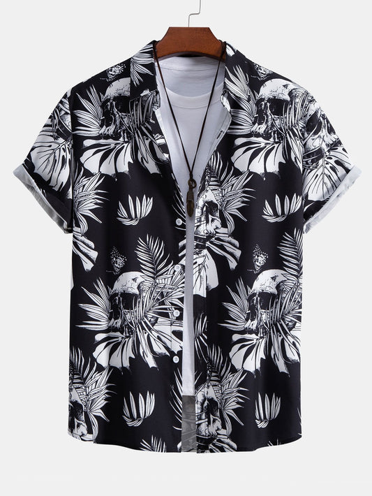 Chemise boutonnée à imprimé tropical et tête de mort