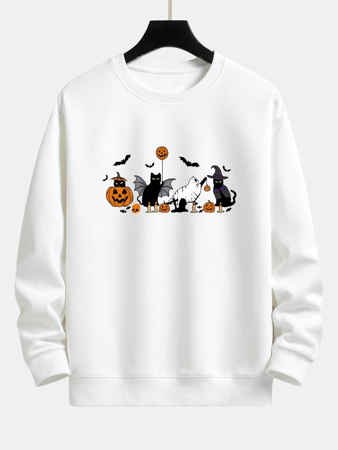 Sweat-shirt coupe décontractée à imprimé chat noir et citrouille d'Halloween