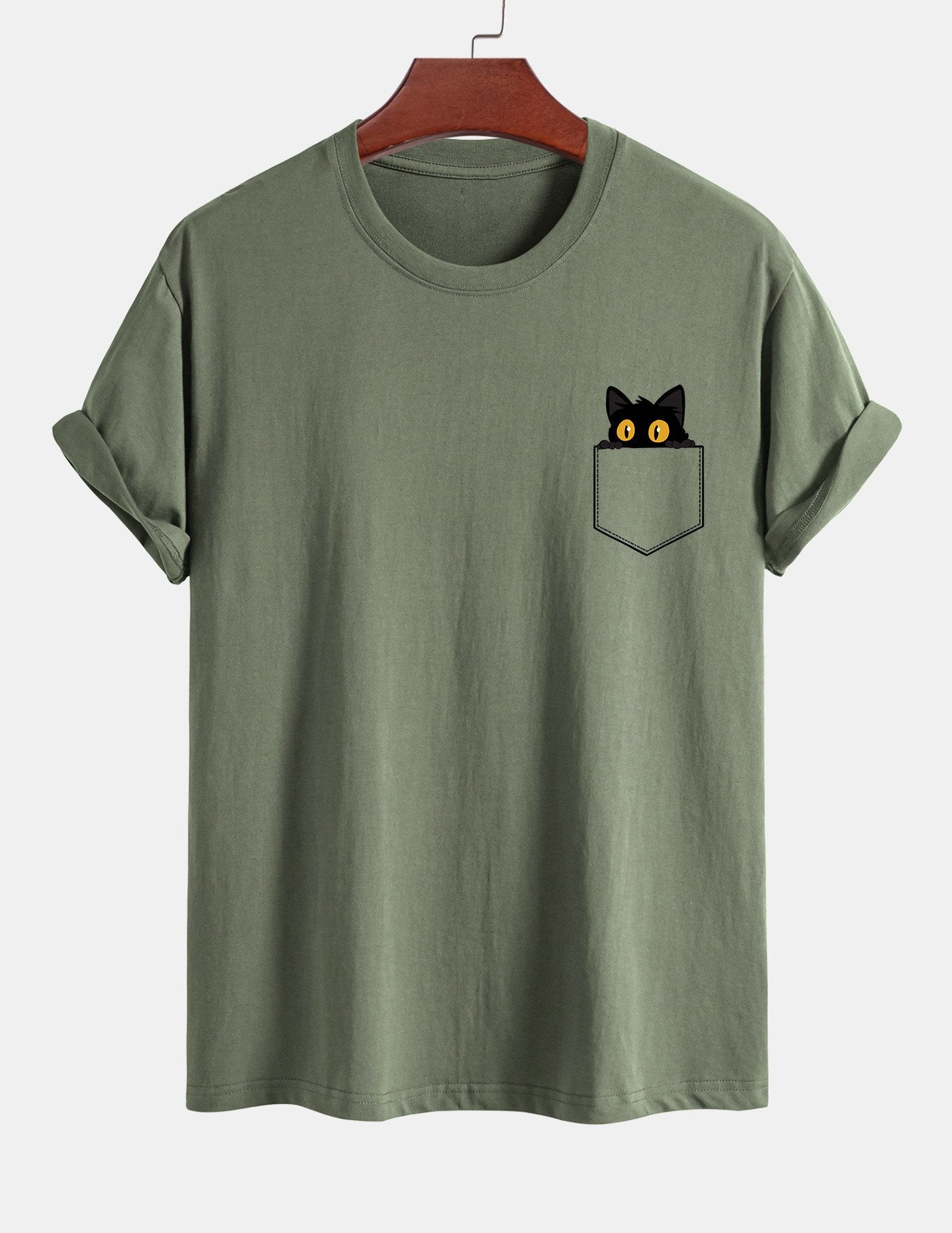 Regular Fit Pocket Black Cat Print Cotton T-Shirt