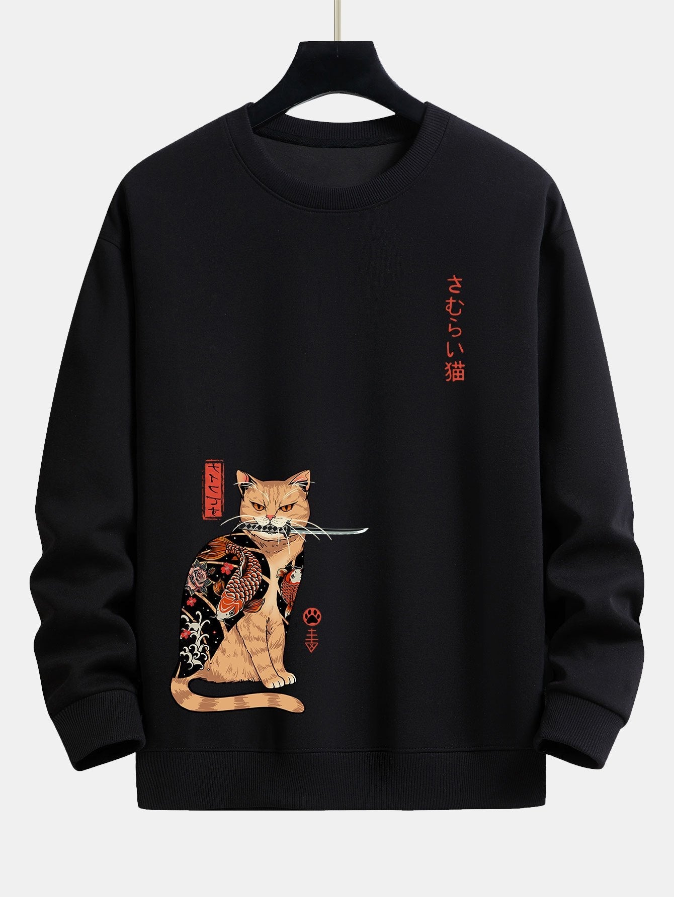 Sweat-shirt coupe décontractée à imprimé chat samouraï japonais