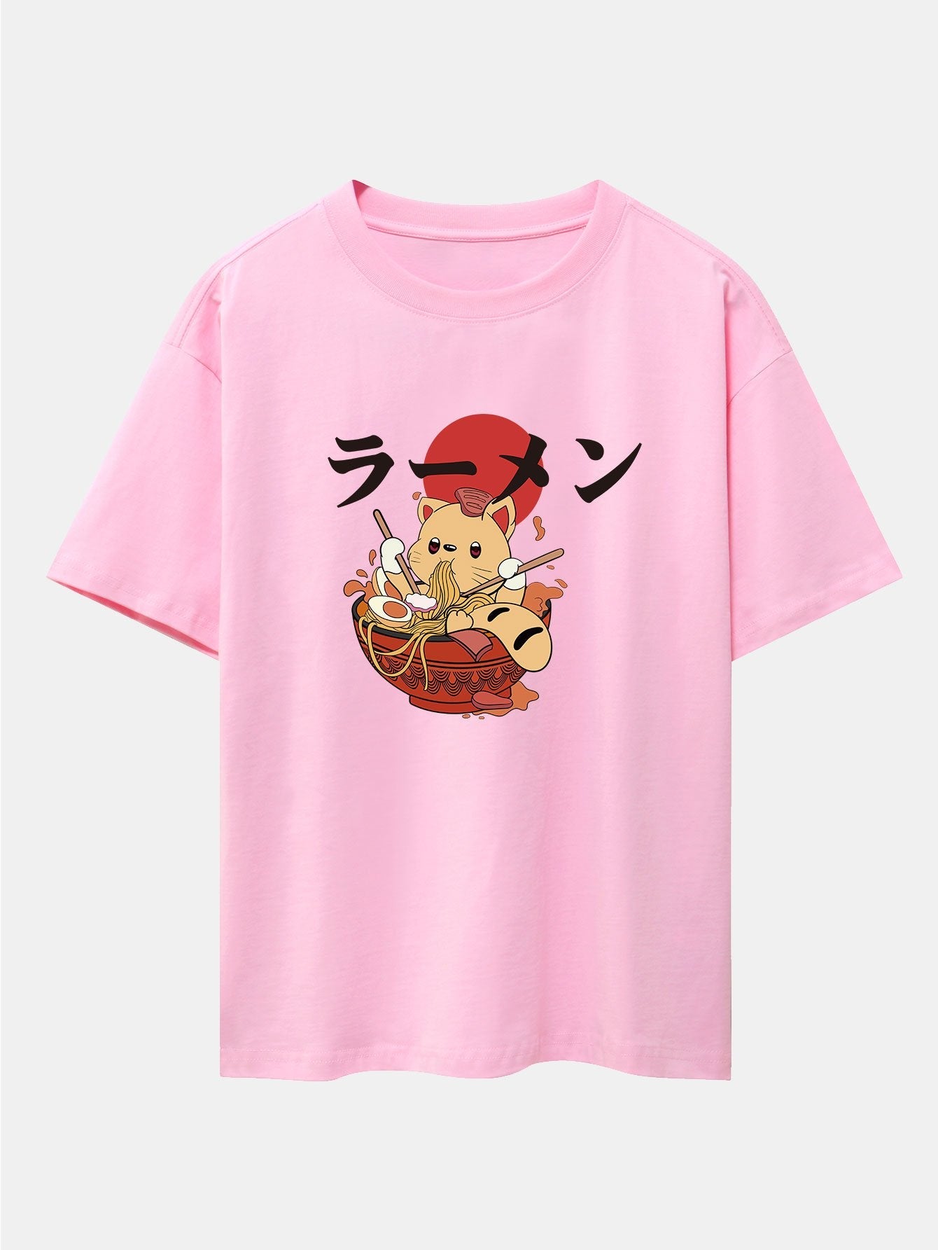 Ramen Cat Print Drop Shoulder Oversize T-Shirt