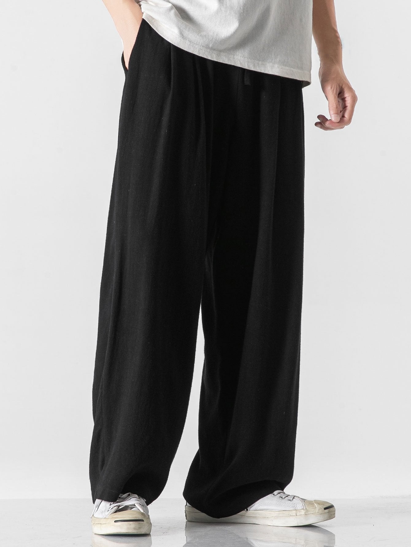 Pantalon large coupe décontractée en mélange de lin et de coton