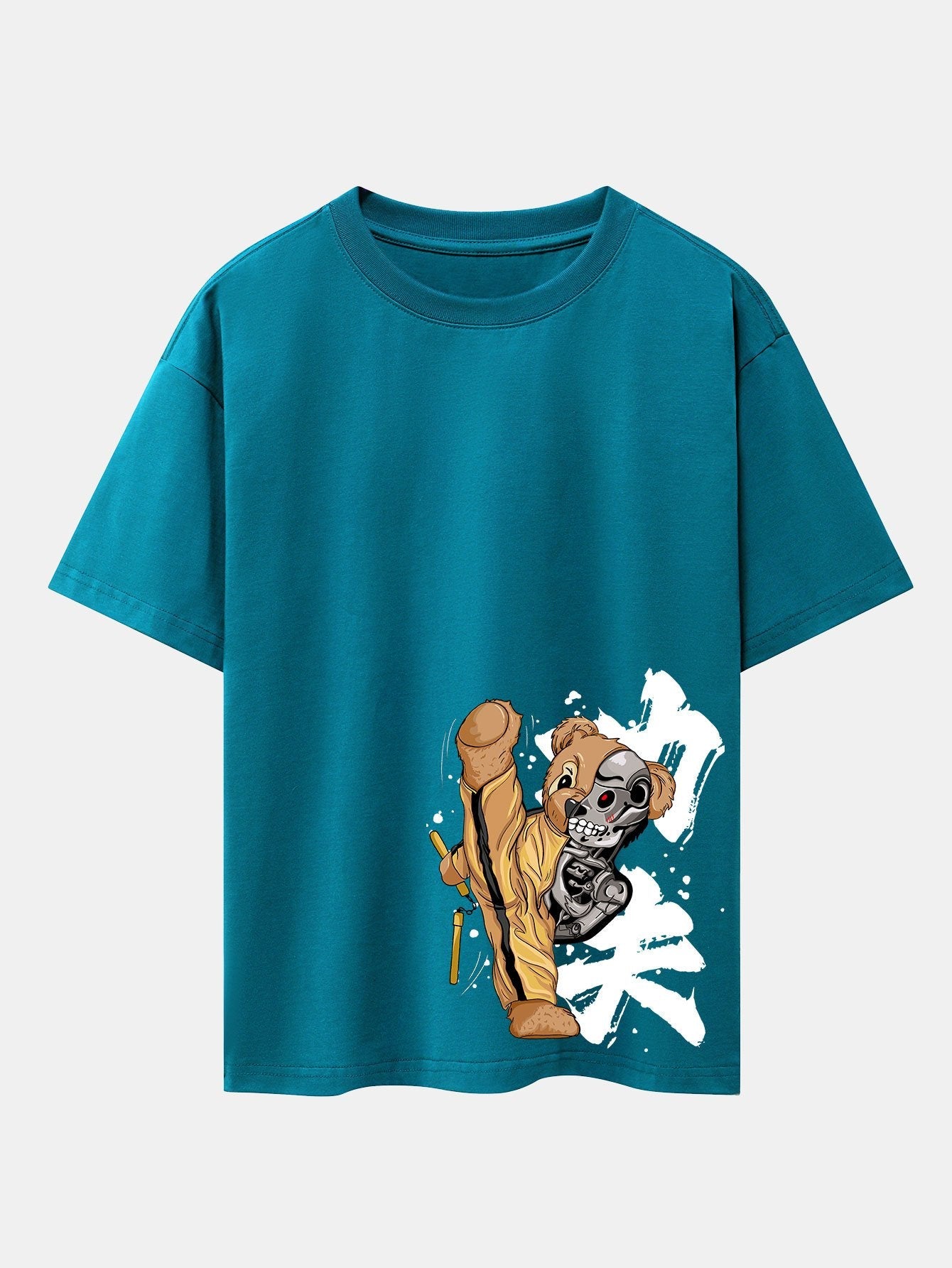 Kung Fu Bear Print Drop Shoulder Oversize T-Shirt