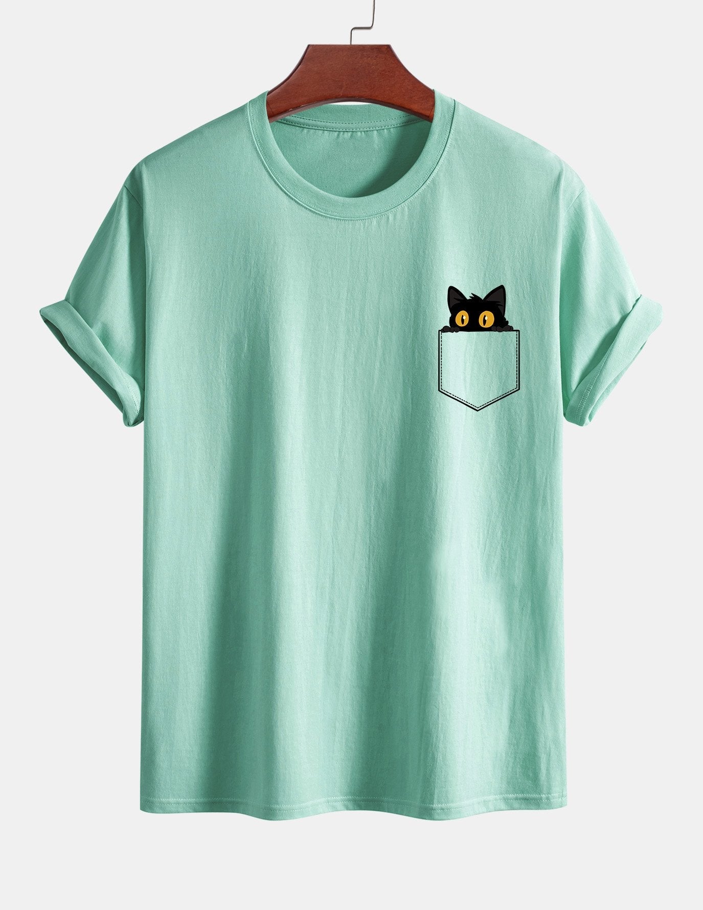 Regular Fit Pocket Black Cat Print Cotton T-Shirt