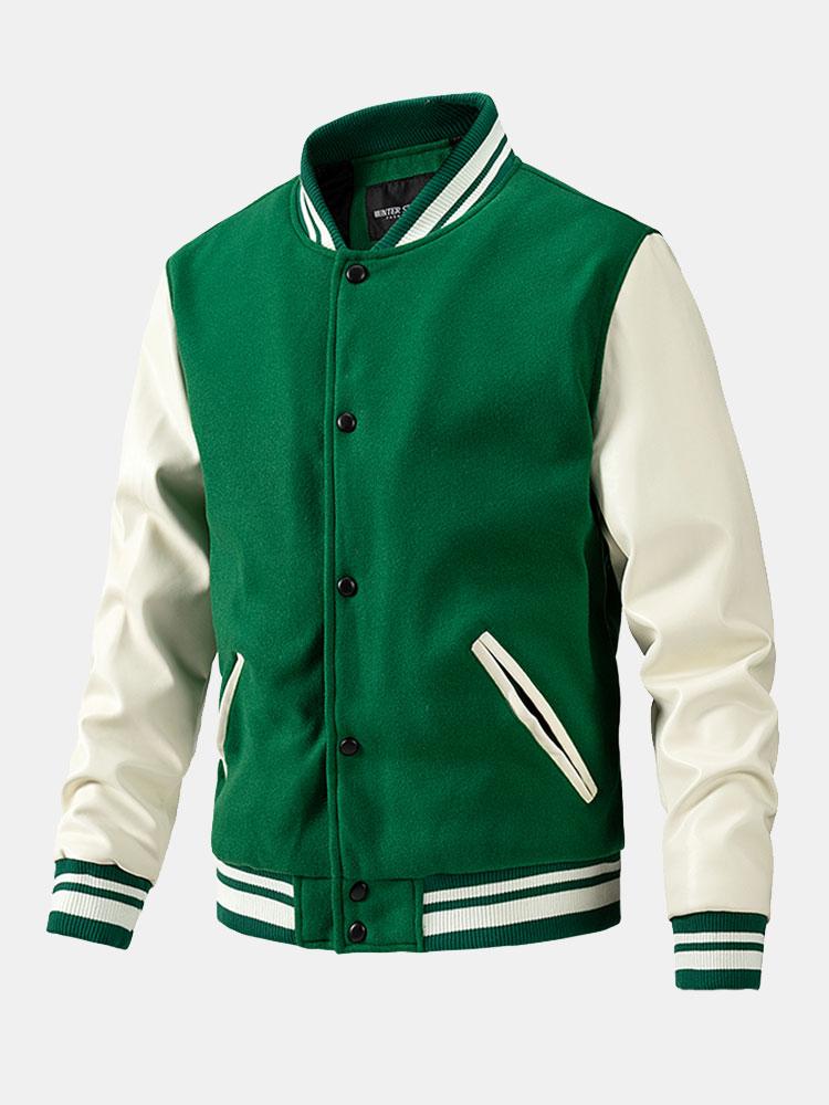 Contrast Wool Look PU Baseball Jacket