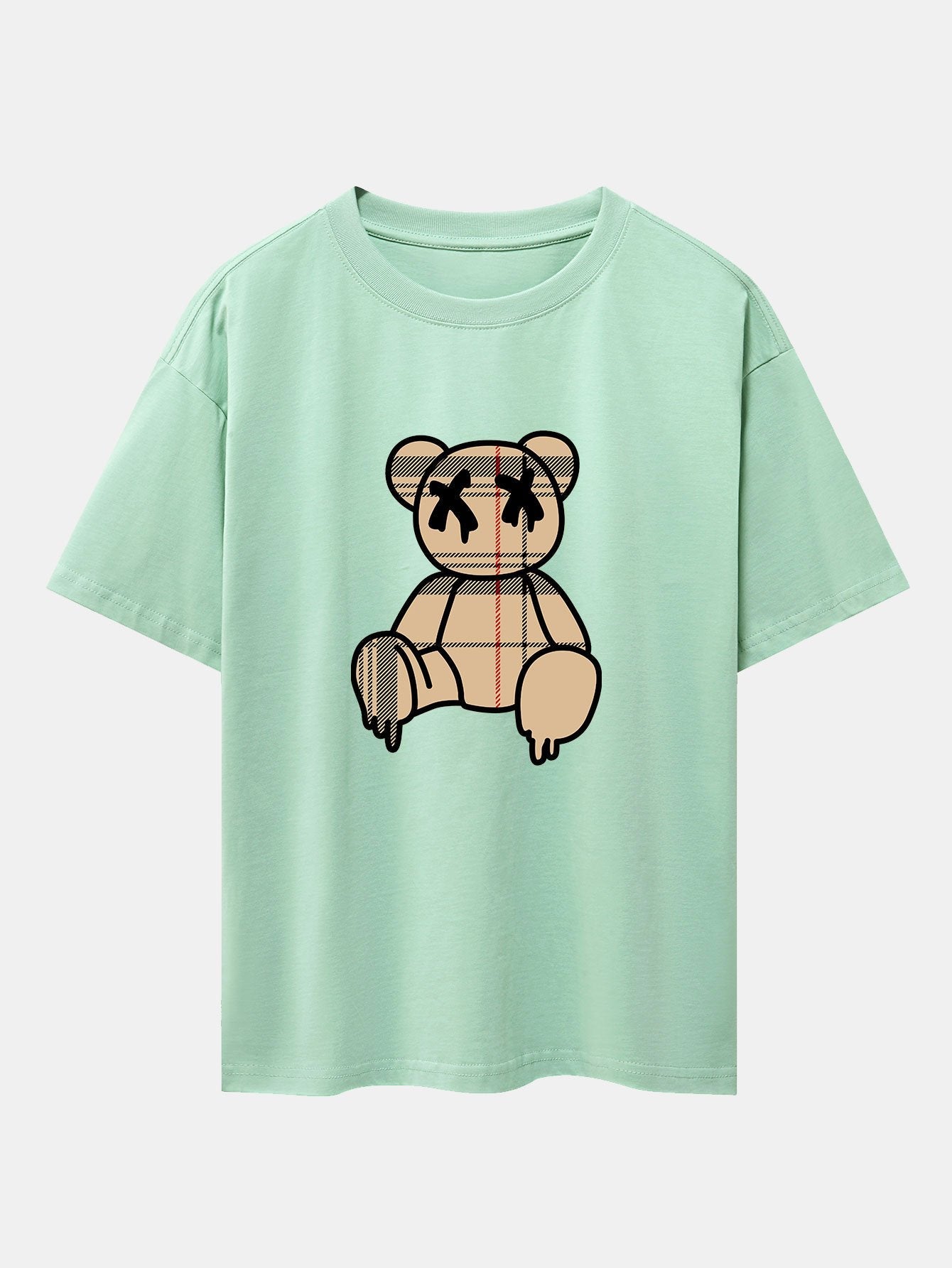 Plaid Pattern Dissolving Bear Print Heavy Weight Drop Shoulder Oversize T-Shirt