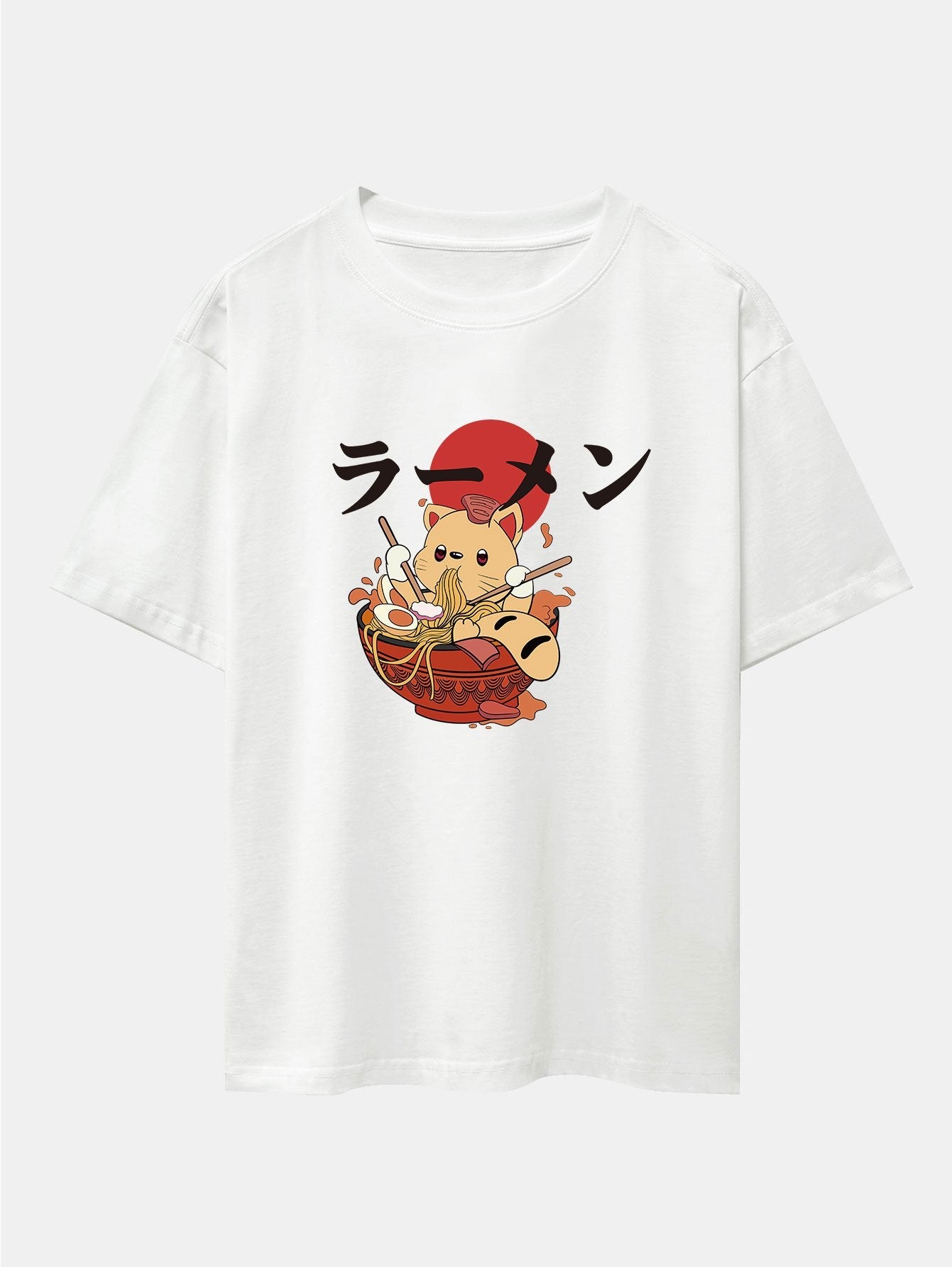 Ramen Cat Print Drop Shoulder Oversize T-Shirt