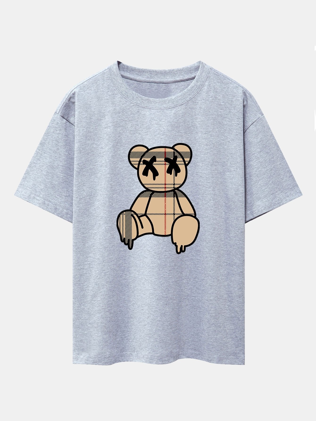 Plaid Pattern Dissolving Bear Print Heavy Weight Drop Shoulder Oversize T-Shirt