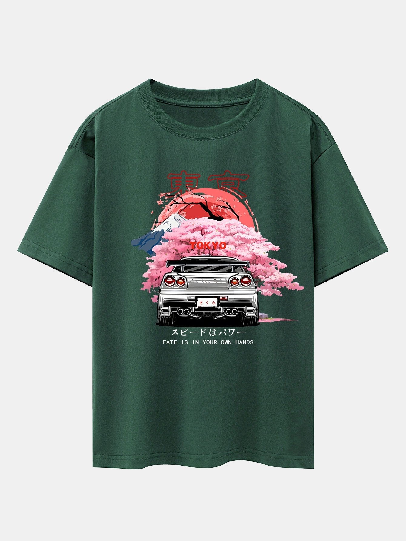 Tokyo Cherry Blossoms Car Print Drop Shoulder Oversize T-Shirt