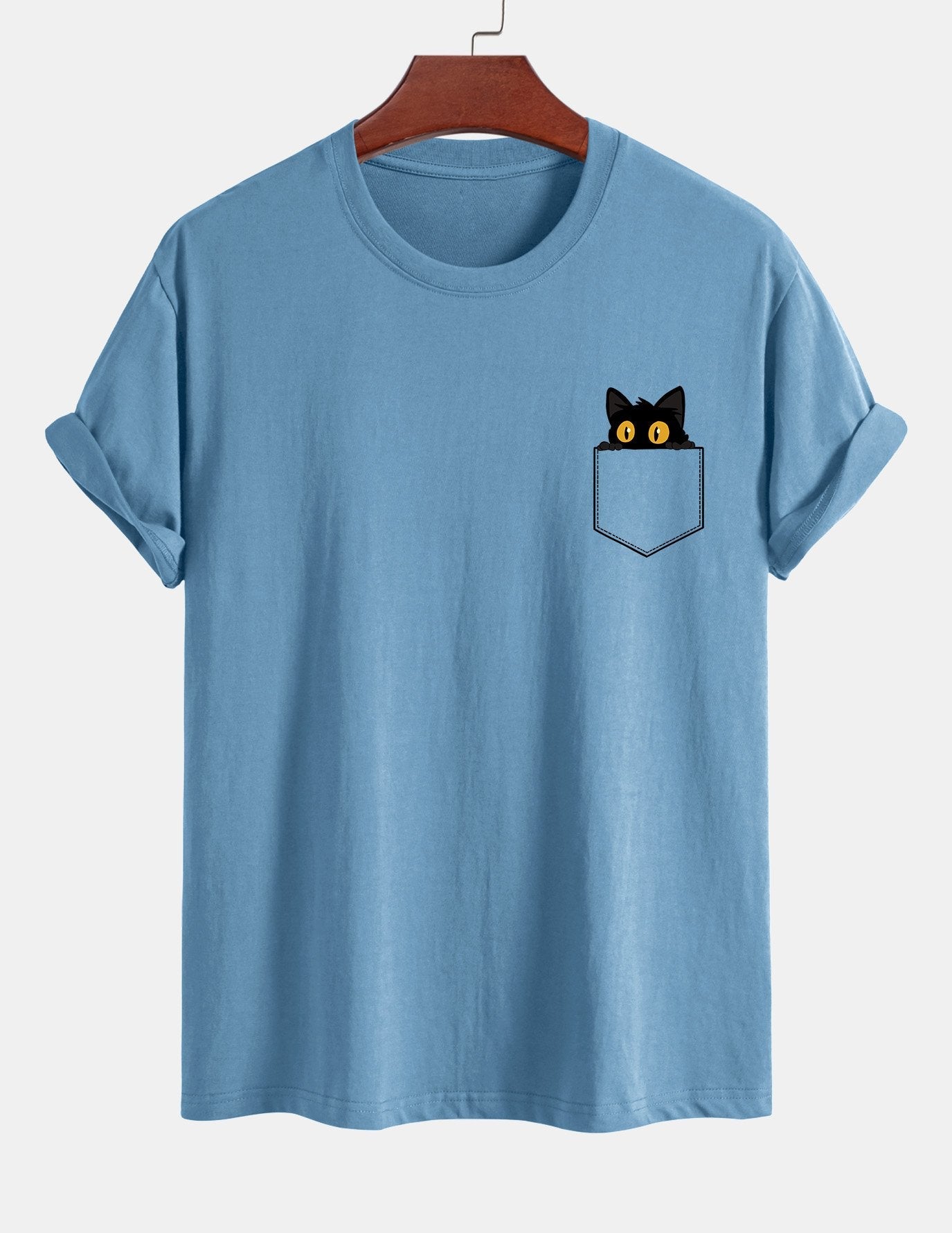 Regular Fit Pocket Black Cat Print Cotton T-Shirt