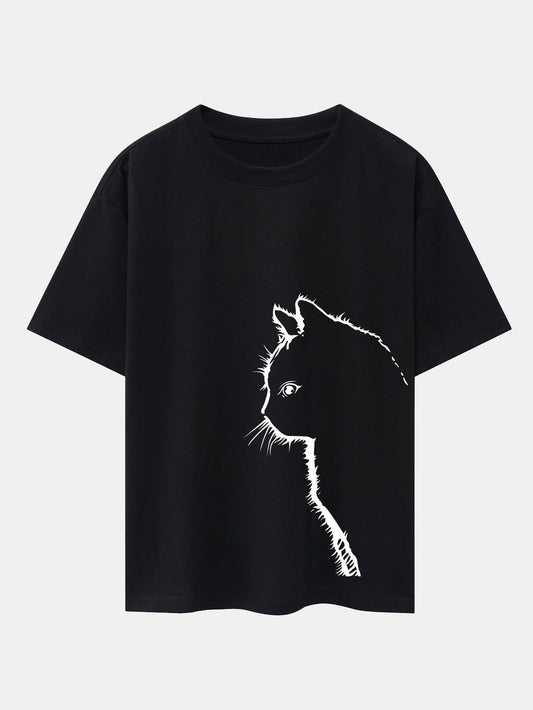 Cat Silhouette Print Drop Shoulder Oversize T-Shirt