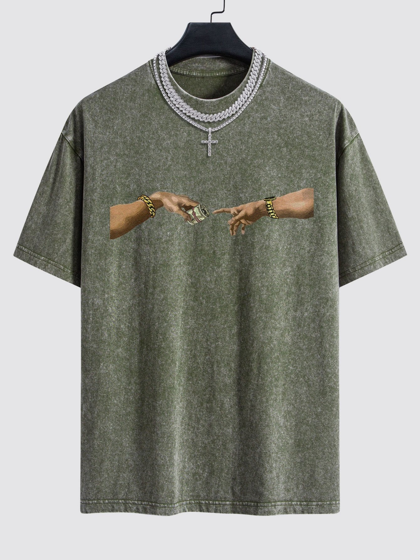 Dollar Hand Print Washed Drop Shoulder Oversize T-Shirt