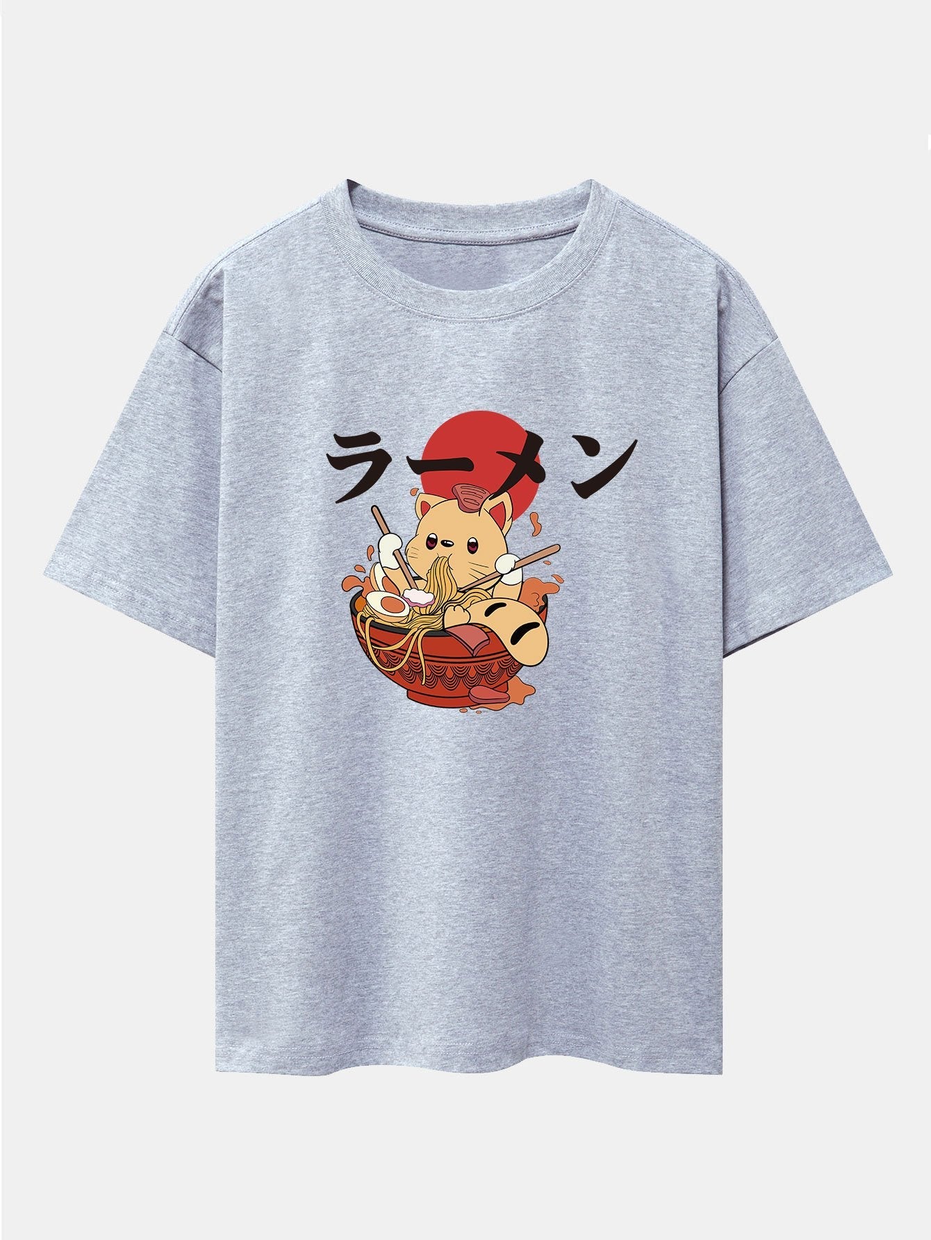 Ramen Cat Print Drop Shoulder Oversize T-Shirt