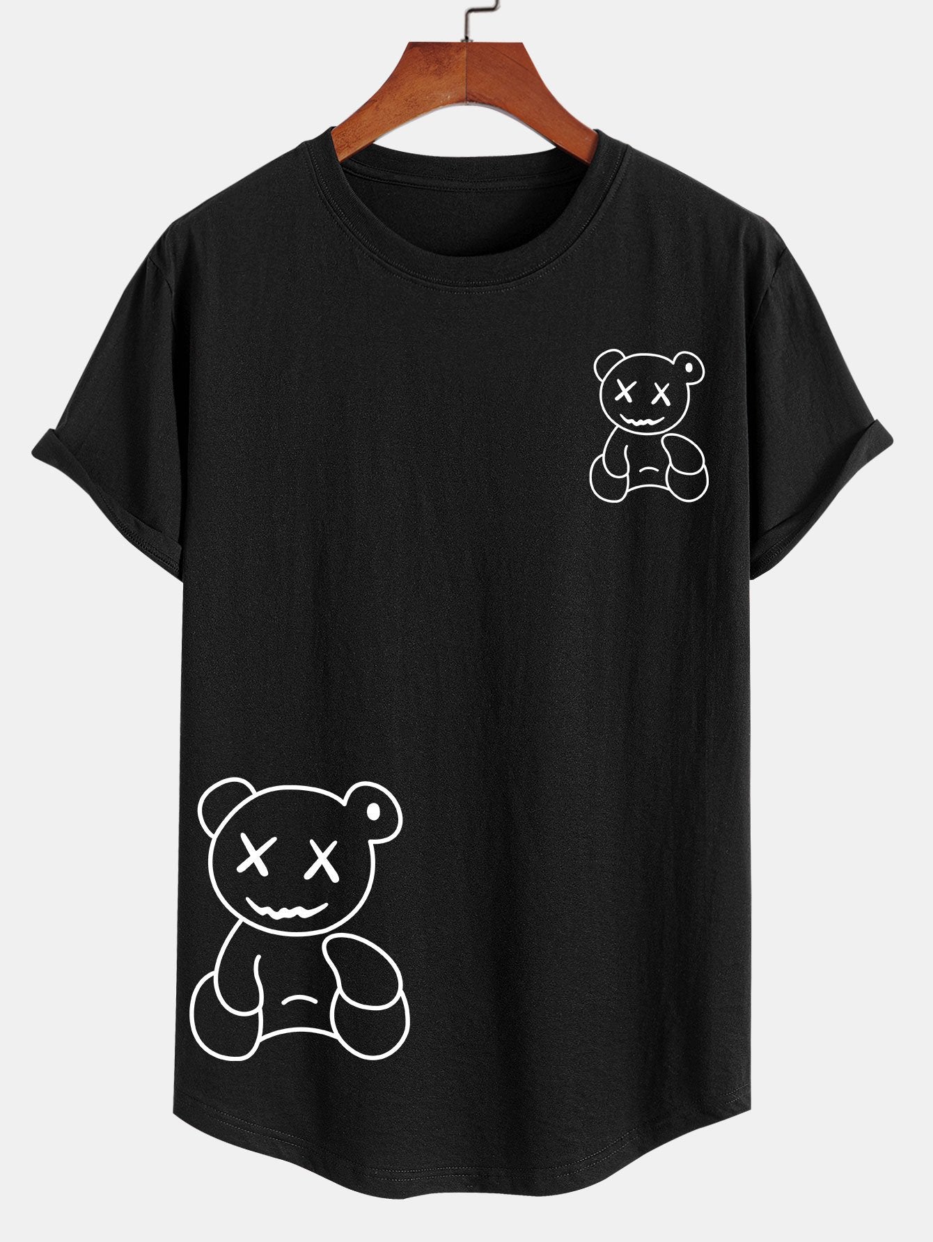 Line Shaped Bear Print Cotton Arc Hem T-Shirt