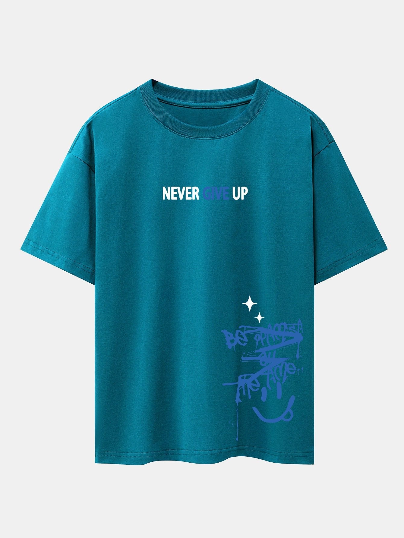 Never Give Up Smiley Face Print Drop Shoulder Oversize T-Shirt