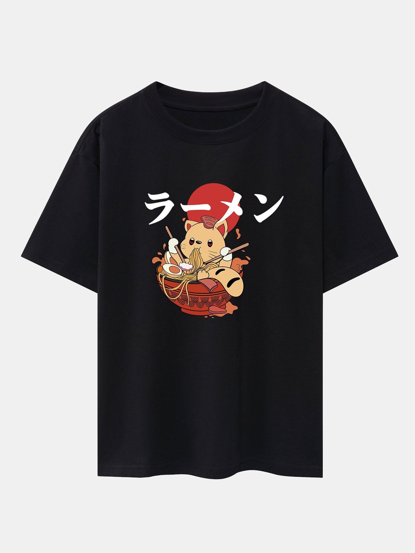 Ramen Cat Print Drop Shoulder Oversize T-Shirt