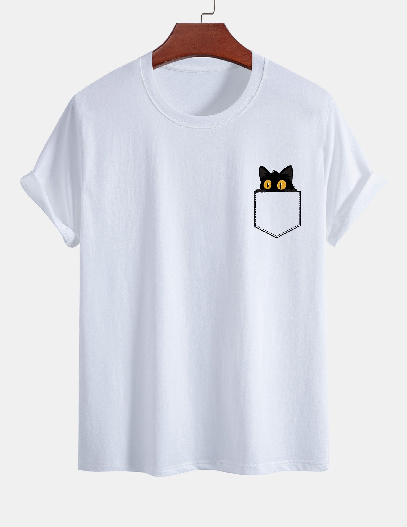 Regular Fit Pocket Black Cat Print Cotton T-Shirt