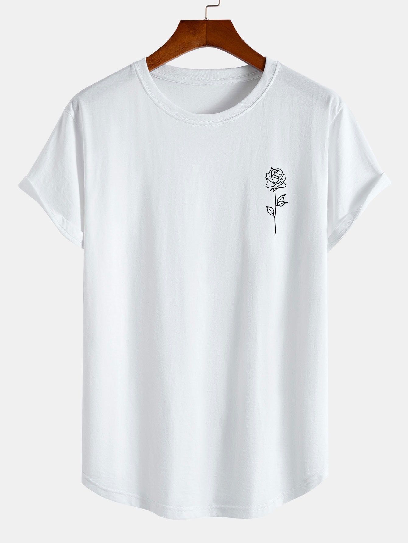 Rose Print Cotton Arc Hem T-Shirt