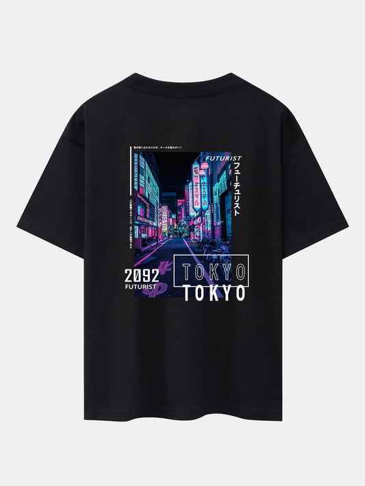 Neon Night Street Back Print Drop Shoulder Oversize T-Shirt