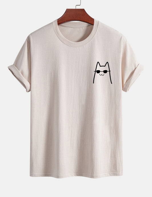 Regular Fit Cat With Sunglasses Print Cotton T-Shirt