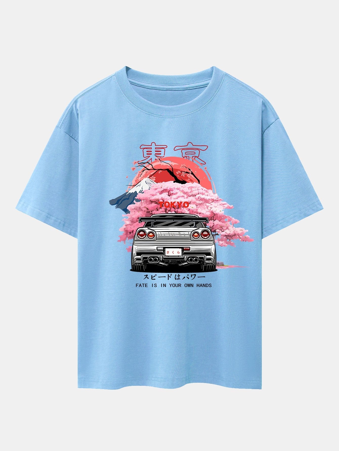 Tokyo Cherry Blossoms Car Print Drop Shoulder Oversize T-Shirt