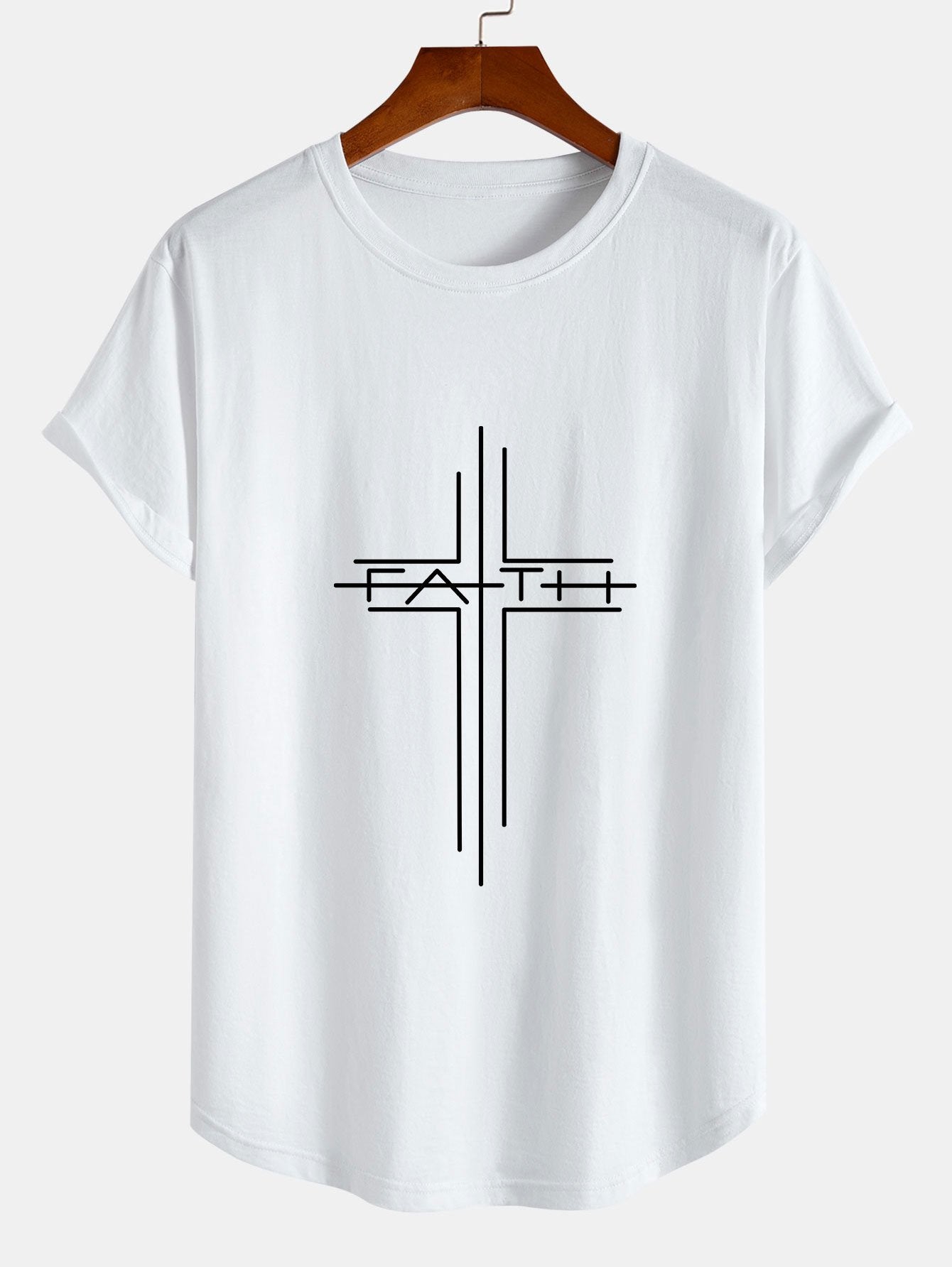 T-shirt en coton à ourlet arrondi Faith Crucifix Line Print