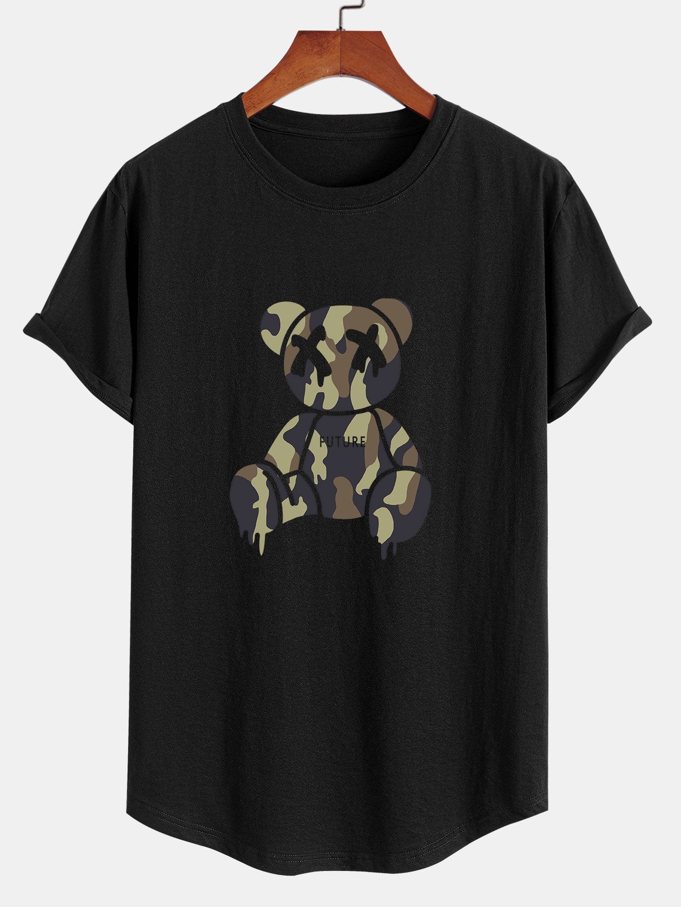 Camouflage Bear Print Cotton Arc Hem T-Shirt