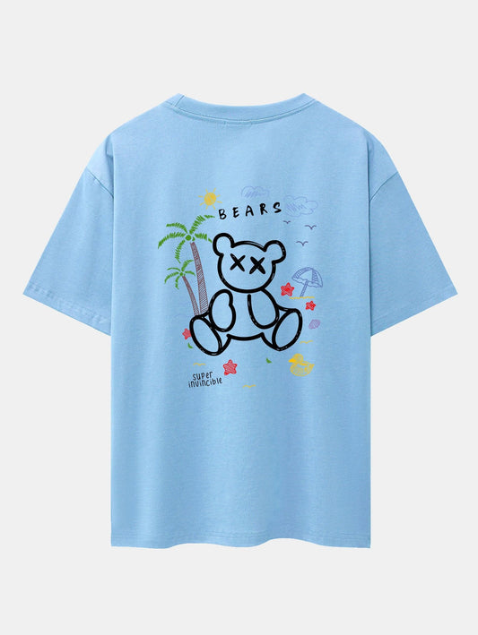 Bear On Vacation Print Drop Shoulder Oversize T-Shirt