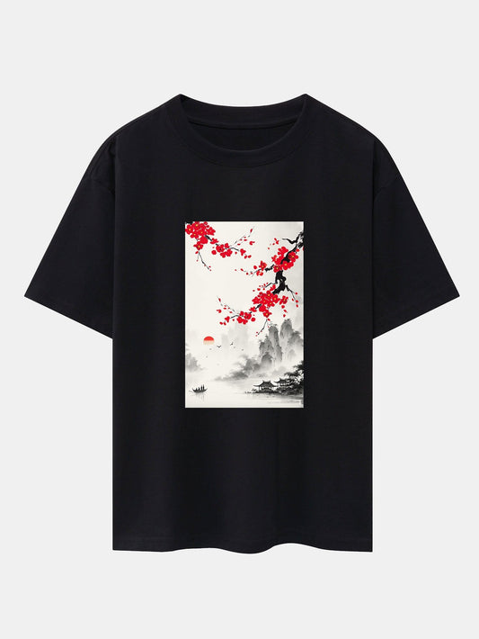 Flower Ink Landscape Print Drop Shoulder Oversize T-Shirt