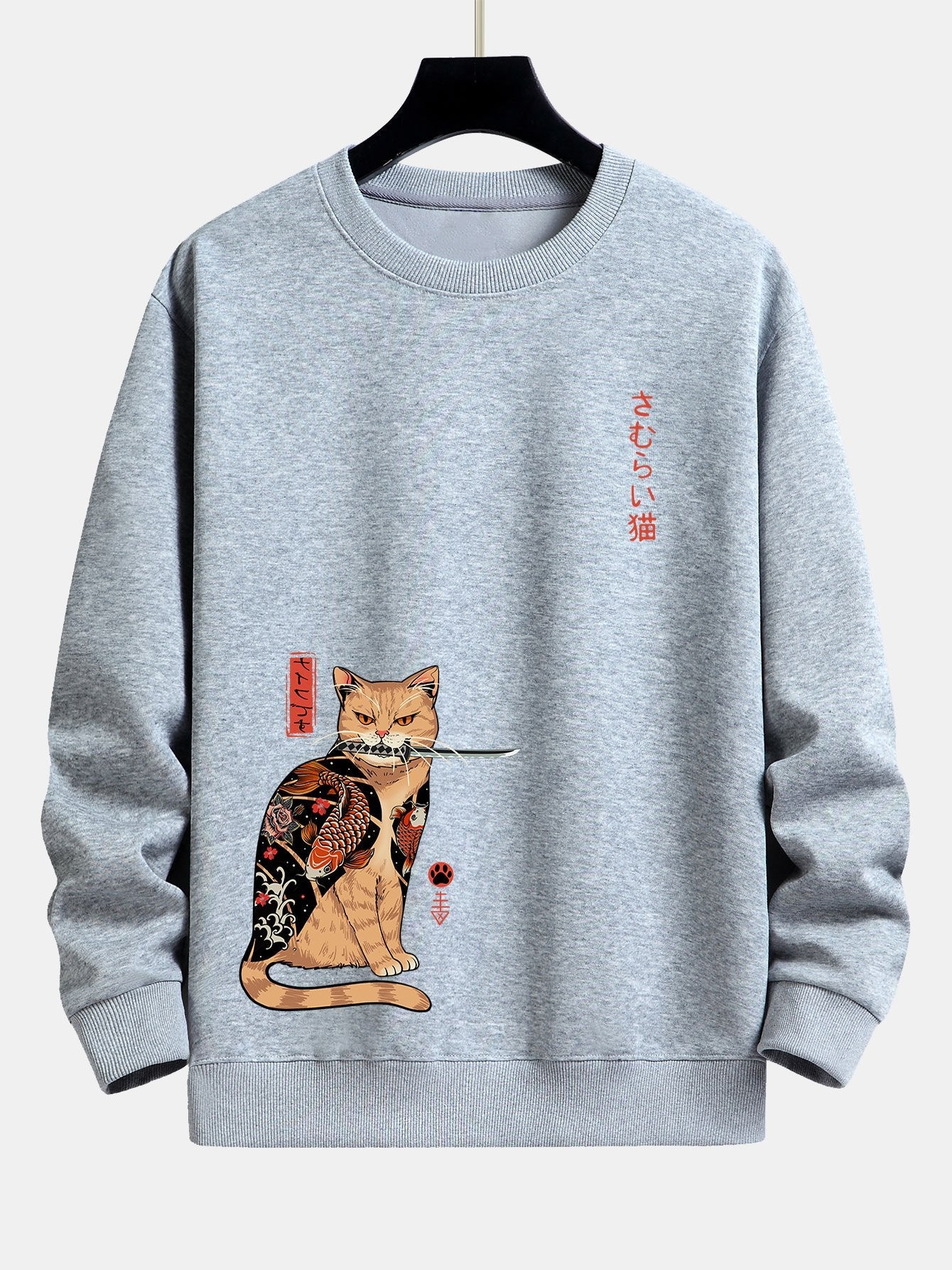 Sweat-shirt coupe décontractée à imprimé chat samouraï japonais