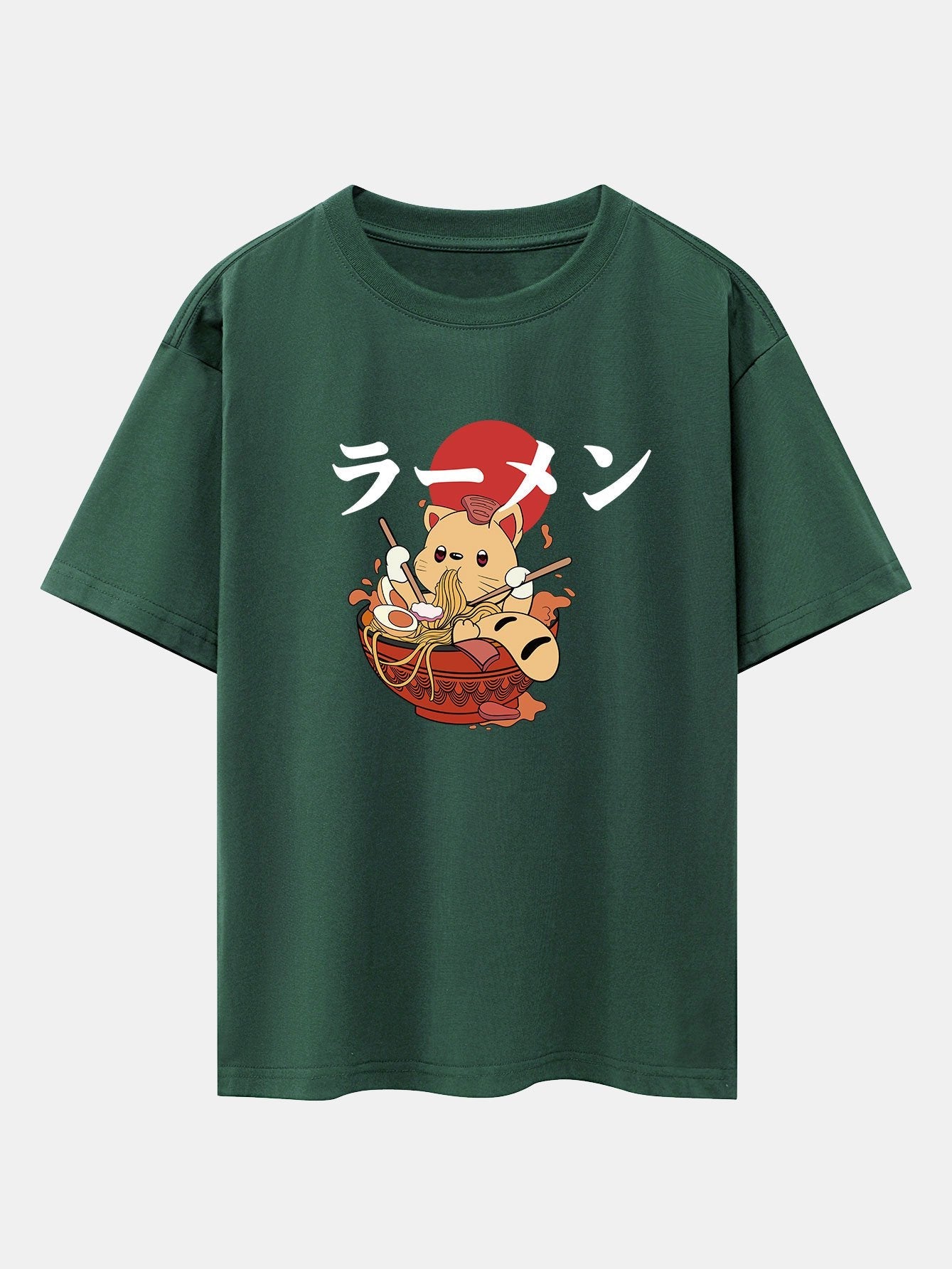 Ramen Cat Print Drop Shoulder Oversize T-Shirt