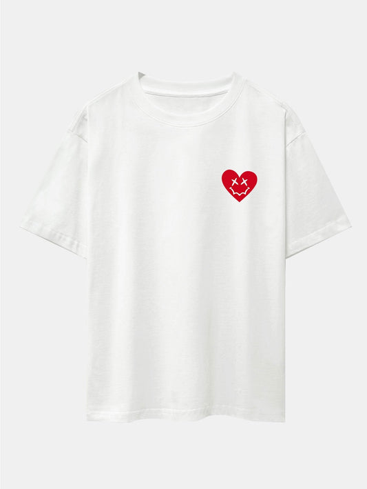 Smiley Heart Print Drop Shoulder Oversize T-Shirt